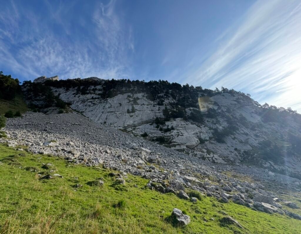 A scree slope at the base of a small mountain.