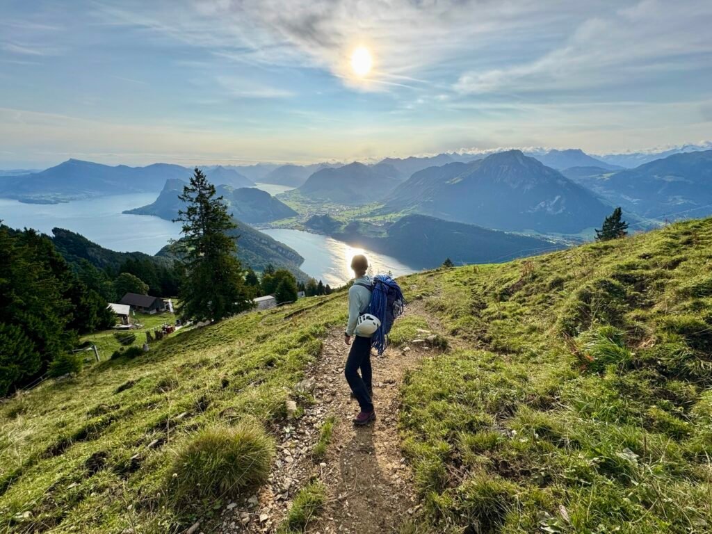 A hiker with a backpack, facing away from the camera, looks at a sea of lakes and mountains.